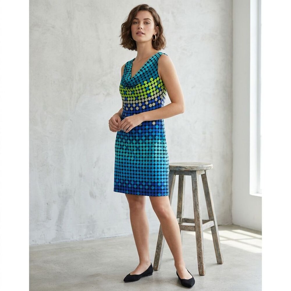 Peck & Peck Collection Mod Polka Dot Cowl‎ Neck Shift Dress Blue/Lime Size M